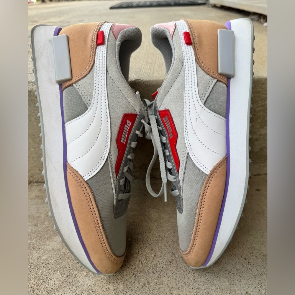 Puma Gray and Tan Retro Sneakers with Lace-Up Design